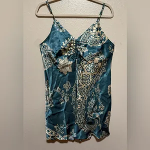 Zara Teal Satin Paisley Ruched Mini Dress Large Adjustable Straps thumbnail 2