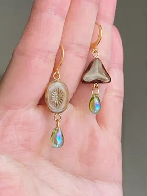 Handmade unique retro vintage fairy boho style dangle earrings w/ quality Czech glass beads mix 🌀🍃💛 thumbnail 5