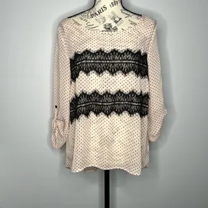 Maurices (M) Peach Polka Dot Lace Fringe Detail Roll Tab Semi-Sheer Blouse thumbnail 7