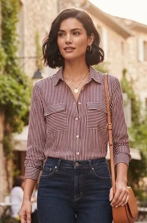 LOFT Striped Button-Up Blouse in Burgundy and White thumbnail 1