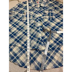 Free People Blue Cream Plaid Sheer Chiffon High Low Blouse Shirt Size Small thumbnail 10