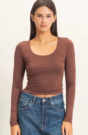 NEW Double Zero Chocolate Brown Scoop Neck Long Sleeve Tee – Large thumbnail 1
