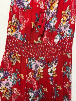 Bila Red Floral Boho Maxi Dress Hankerchief Hem Cottagecore Festival Flowy L thumbnail 7