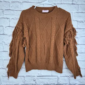 Pink Lily Fringe Sleeve Cable Knit Sweater Brown M Western Boho Fall Cowgirl Top thumbnail 3