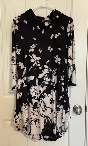 EUC Vintage R & B collection women’s black white‎ floral collared button dress L thumbnail 1