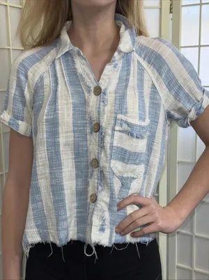 We the Free Classic Boho‎ Beach Gauze Cropped Fringe Striped Button Blouse Small thumbnail 1
