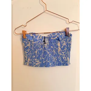 Zara Bustier Top Women Small Blue Floral Smocked‎ Strapless Linen Blend NWT thumbnail 4