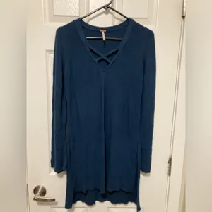 *Free People Teal Green Crisscross V-Neck Knit Medium Tunic Sweater #QB thumbnail 2