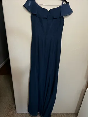 NWT JJs House Navy Blue Chiffon Off Shoulder Ruffle Front Slit Formal Maxi Dress thumbnail 7