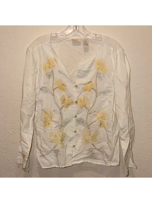 Yellow Floral Linen Blend Blouse cottagecore beach coastal boho embroidered thumbnail 2