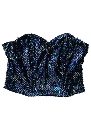SO Clothing Velvet Black & Purple Sequin Strapless Bustier Top Disco Bling sz S thumbnail 2