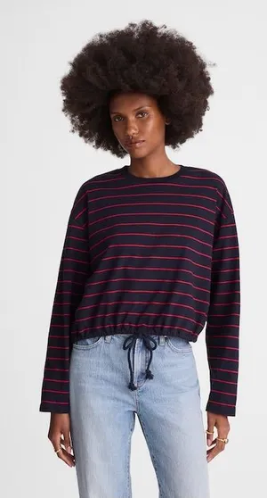 Madewell women’s The Perfect Tie-Waist Tee Jersey navy red stripe Size L NWT thumbnail 1