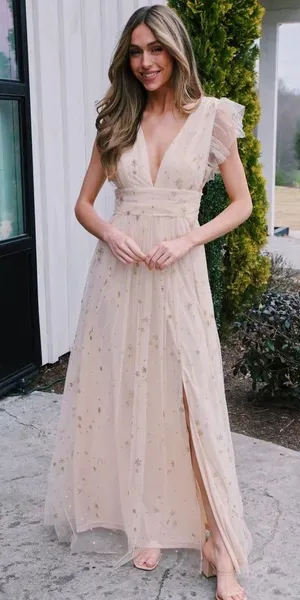 Altar'd State Tulle maxi dress ruffle flutter sleeve glitter stars formal sparkly vneck aster thumbnail 1