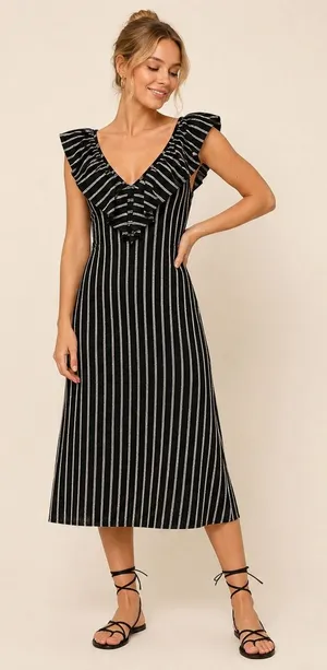 Zara Black Tan Striped Ruffle V‎ Neck Midi Dress Open Back Cottagecore Boho NWT thumbnail 1