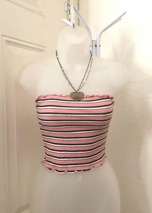 Y2K pink striped tube crop top shirt blouse Sz M Measurement in pics Necklace not included thumbnail 3