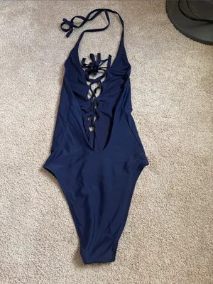 Aerie Navy Blue Lace Up Deep Plunge One Piece Swimsuit. Size Small thumbnail 4