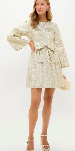 Tuckernuck Hyacinth House Gold Plisse Carol Bow Mini Dress Size Medium NEW thumbnail 1