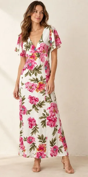 White Closet Maxi Dress Women Medium White Pink Linen Floral Boho Cottagecore thumbnail 1