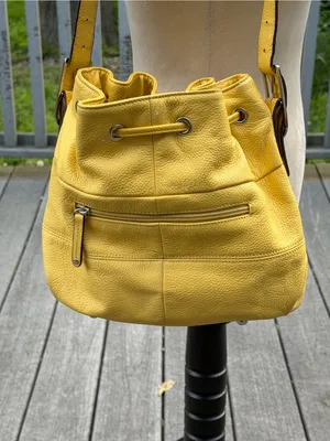 Tignanello Yellow Genuine Leather Bucket Bag Drawstring Shoulder Purse thumbnail 6