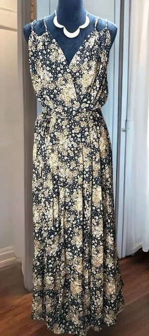 Rebecca B. Floral Maxi Dress‎ Women's Size 10 Black Tan Boho Sleeveless Wrap thumbnail 1