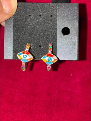 Colorful Enamel Evil Eye Gold Hoop Earrings with Rainbow Crystals thumbnail 3