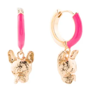 🐶BETSEY JOHNSON Frenchie Enamel Hoop Earrings / Gold Tone Hot Pink thumbnail 2