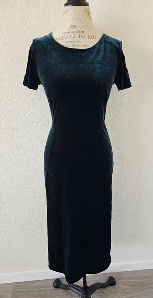 Vintage 90s Hillard & Hanson Velvet Maxi Dress Teal Green Column Gown Size 4 thumbnail 1