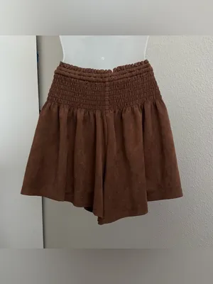 Mustard Seed Forest Fairy Coconut Girl Brown Faux Suede Smocked Waist Flare Shorts Size S thumbnail 2