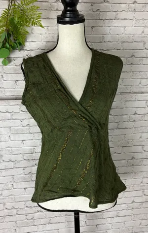 Vintage Cotton Green Striped Surplice Boho Sleeveless Top thumbnail 1
