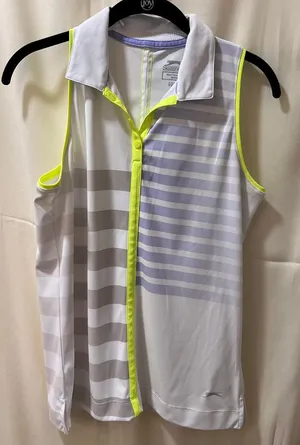 Slazenger Sleeveless Golf Tank Top w/Neon Yellow Trim Striped Pattern‎ White-M thumbnail 1