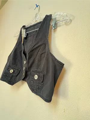 Y2K Style Washed Black Military Vest Medium Cropped Gold Button Utility thumbnail 3