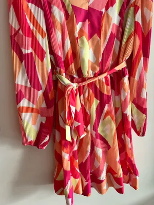 Nicole Miller NY Pleated Mini Dress Size L Multicolor Abstract V-Neck thumbnail 8