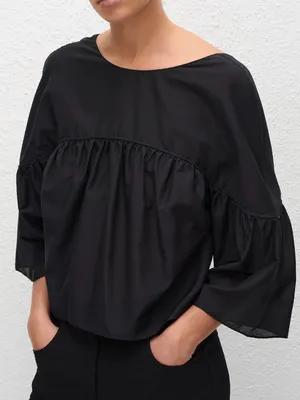 Matteau bohemian gathered yoke long sleeve organic cotton silk black blouse US 4 thumbnail 1