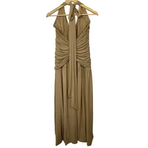 NWT Babyboo Melania Gold Sparkle Ruched Halter Plunge V-Neck Maxi Dress Size M thumbnail 11