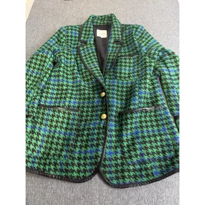 Avec Les Filles Women Houndstooth Leather Trim Blazer Jacket L Chic Plaid 70s thumbnail 2