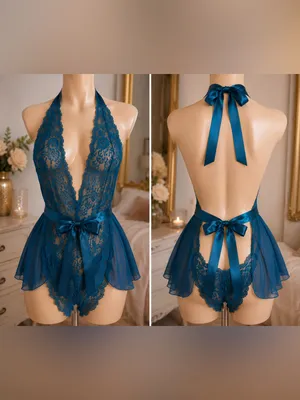 NEW - XL - AVIDLOVE - Teal Lace Halter Babydoll Teddy with Satin Bows thumbnail 2