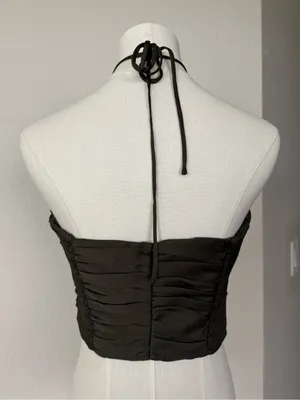 Zara Satin Effect Draped Halter Cropped Top in Dark Khaki Medium thumbnail 2