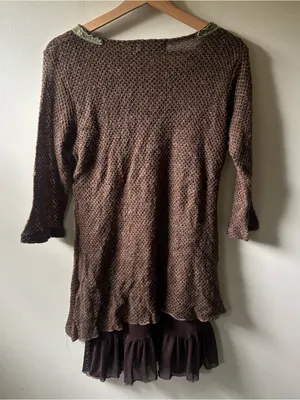 Creation Brown Knit Sweater with Olive Lace Trim thumbnail 4
