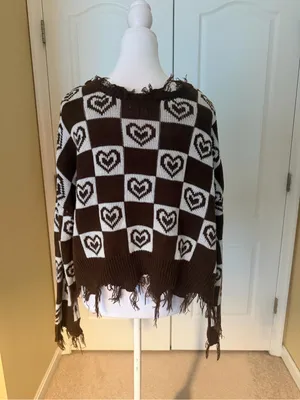 Brown and Cream Heart-Check Distressed oversized V-Neck Sweater thumbnail 3
