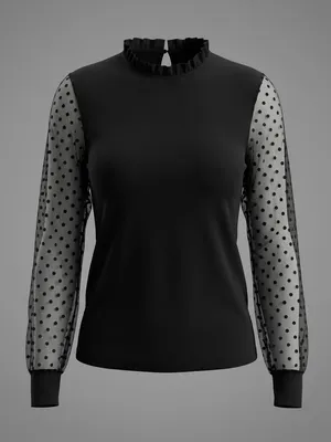 Blooming Jelly Black Ruffle Neck Polka Dot Mesh Sleeve Top S Dopamine Preppy Lux thumbnail 1