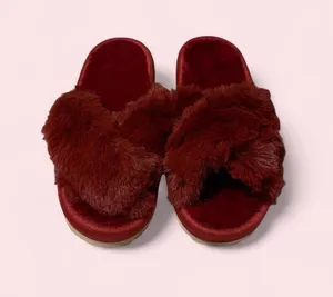 Cozy Faux Fur Cross-Band Slides - Burgundy thumbnail 1