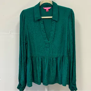 Lilly Pulitzer Animal Pattern‎ Jaylene Long Sleeve Jacquard V-neck Blouse Sz 16 thumbnail 2