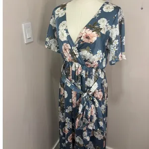 Baltic Born Dusty Blue Floral Maxi Dress V-Neck Flutter Sleeve Wedding Guest M thumbnail 8