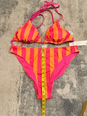 Women's No Boundaries Pink & Orange Striped Triangle Bikini thumbnail 3