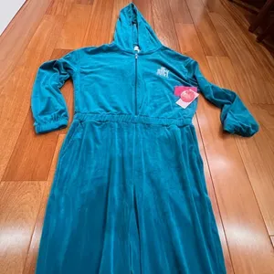 NWT Juicy By Juicy Couture Jumpsuit peacock Velour‎ Hooded Long Sleeve Zip Up L thumbnail 7