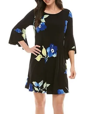 Ralph Lauren Blue Floral Bell‎ Sleeve Stretch Jersey Shift Dress Size 14 thumbnail 1