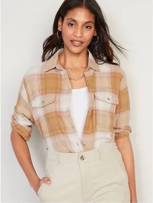 Womens Old Navy Plaid Fall Flannel Boyfriend Button Down Tunic Shirt Top - Sz S thumbnail 1