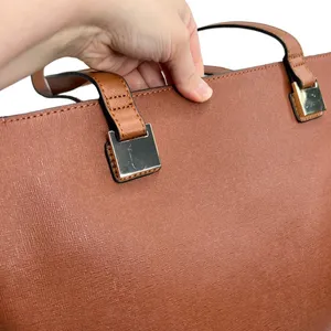 Faux Leather Brown Double Handle Red Lined Tote Bag Purse thumbnail 3