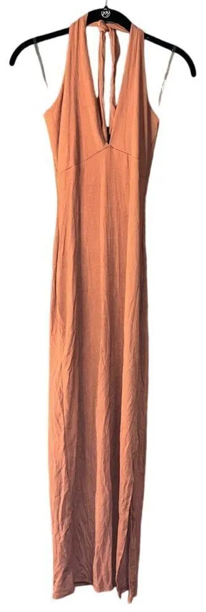 See You Monday Elegant Terracotta Halter Maxi Dress Ribbed Knit‎ Summer Beach Boho Chic F59 thumbnail 1