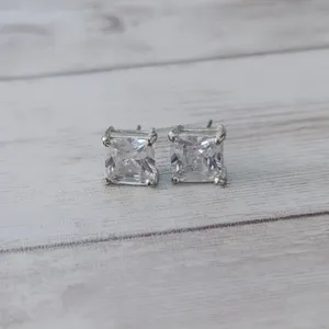 Vintage Stud Earrings Clear Square Gem 3/8" Silver thumbnail 2